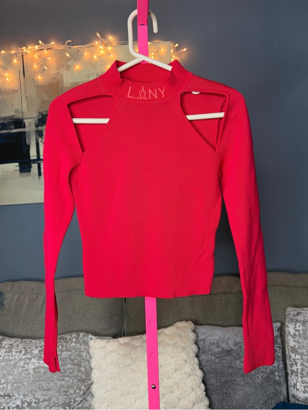 Red Ribbed Cutout Shoulder Knit Top Long Sleeve Fitted Crop Size Medium